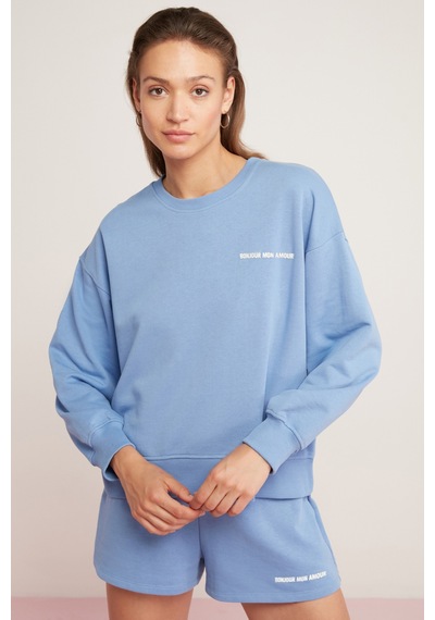 Ethıquet Sandra Kadın Pamuklu Içi Polarlı Yumuşacık Göğsü Baskılı Yuvarlak Yaka Comfort Mavi Sweatsh