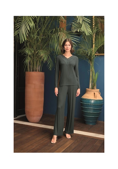 Shafag Home Herşeytrend Uzun Kollu Önü Düğmeli V Yaka Pijama Takımı Yeşil