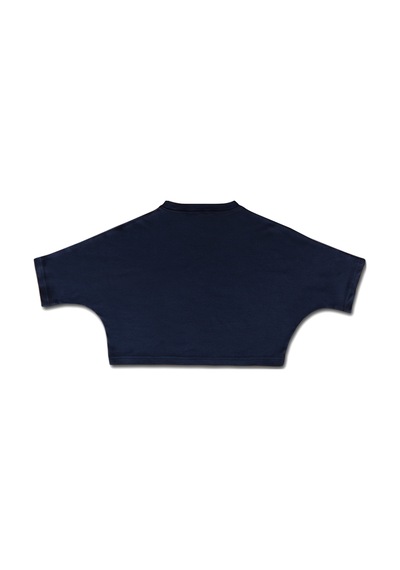 Lacivert Bisiklet Yaka Rahat Kalıp Yarasa Kol Penye Kadın Crop T-shirt Lacivert