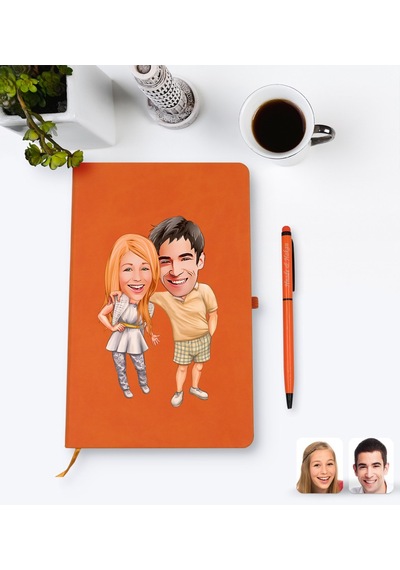 Kişiye Özel Sevgililer Karikatürlü Turuncu Termo Deri Defter Kale N11.2256