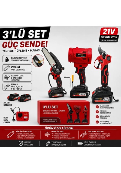 Nuspower 3'lü Set Akülü Testere + Üfleme Makinesi + Budama Makası