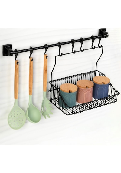 Vidasız Montaj Duvar Rayı 8li Askı(45cm) Ve Sepet 30 cm