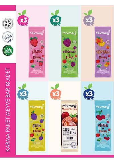 Mixmey Karma 3 Meyve Bar 18 Adet | Atıştırmalıklar – Vegan, Glutensiz, Koruyucusuz 20gr X 18 Adet