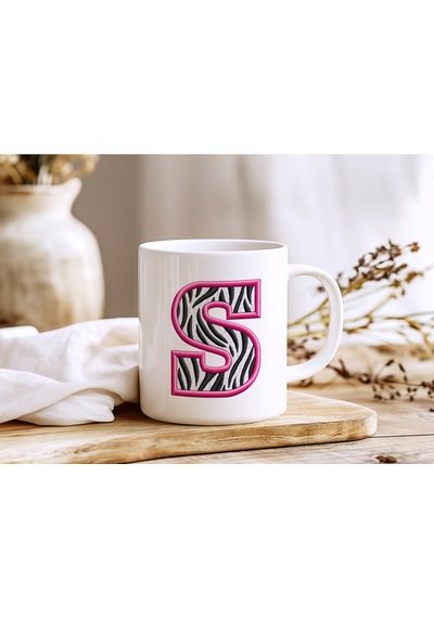 S Harfi Zebra Deseni Ve Pembe Kenarlı Kupa Bardak - Kişiye Özel Nakış Efektli - Siyah Beyaz Pembe Beyaz