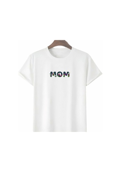 Anneler Gününe Özel Tasarım Mom Çiçek Baskılı T-shirt - Beyaz