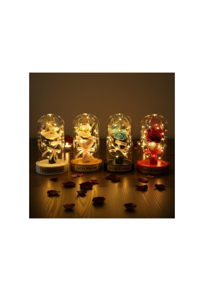 2 Adet Gül Buketi Ledli Fanus Led Aydınlatmalı Şeffaf Fanus, Üç Güllü Buket, Masa Komodin Dekor Three Rose Bouquet, Led Decorative Cloche