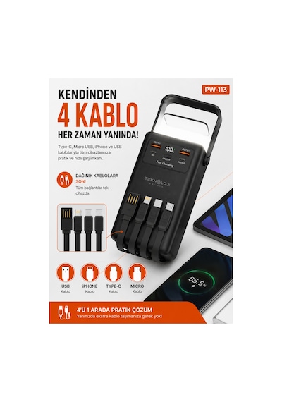 50.000 Mah Powerbank 22.5w Hızlı Şarj Lcd Ekran 4 Çıkış 4 Kablo Kamp Işıklı Taşınabilir Batarya Siyah