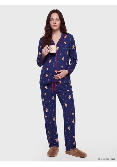 Lcw Dream Lacivert Gömlek Yaka Desenli Kadın Pijama Takımı
