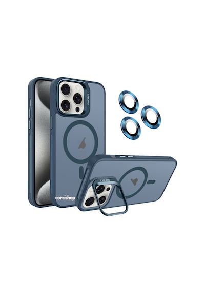 İphone 16 Pro Max Uyumlu Kılıf Açılır Kamera Stand Magsafeli Mat Renkli Şeffaf + Lens Koruyucu Set Lacivert