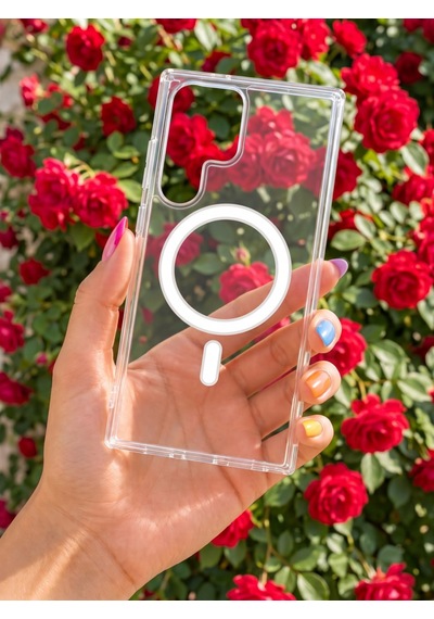Samsung Uyumlu S24 Ultra Güçlendirilmiş Magsafe Şarj Özellikli Sararmaz Kristal Sert Kapak Kılıf Ve Kırılmaz Ekran Koruyucu Beyaz Şeffaf