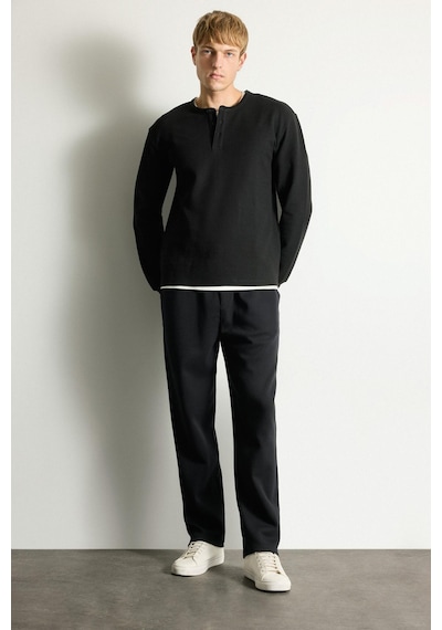 Defacto Regular Fit Waffle Dokulu Henley Yaka Uzun Kollu Basic Tişört I2067ax26aubk81 Siyah-bk81