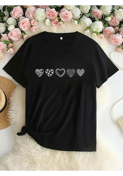 Flood Of Style Kadın Siyah Beş Kalp Baskılı Oversize