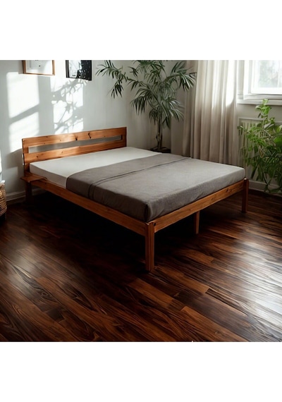 Masif Ahşap Trend Karyola Ceviz Renk + 2 Adet Simple Yatak Kenarı Rafı Hediyeli 140x200