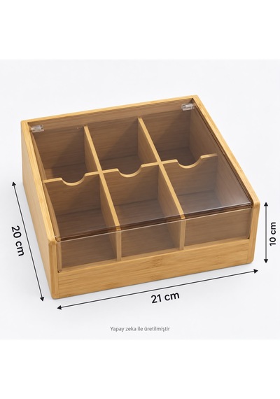 Bambu Ahşap Çay Kutusu 6 Bölmeli Şeffaf Kapaklı Çay Ve Bitki Çayı Düzenleyici 21x20x10 Cm Sarı
