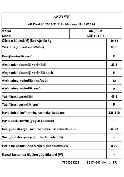 Arçelik ADE 604-1 S Ankastre Duvar Tipi Davlumbaz