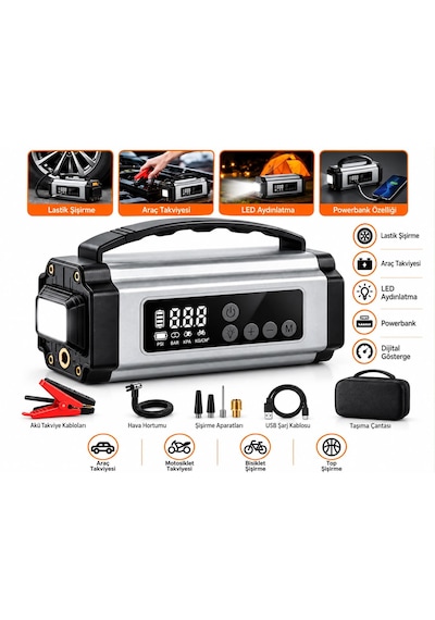 Mc6613-akü Takviye Cihazı Hava Pompası Reflektör Uyarı Işığı Camp Feneri Bisiklet Motorsiklet Araba Top Şişirmek İçin Başlık Tutma Saplı Şarj Edilebilir Powerbank Taşıma Çantalı