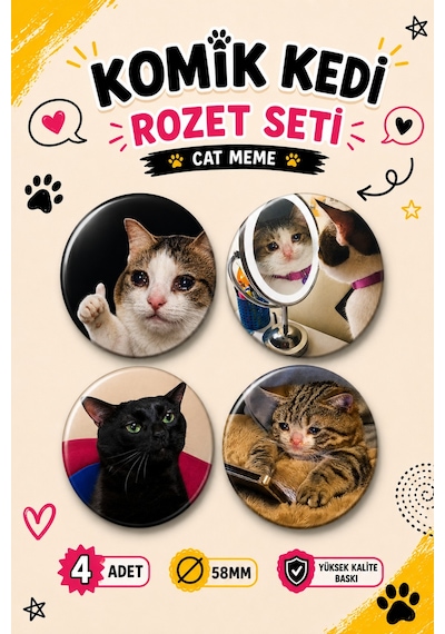 Mashspot Komik Kedi Rozet Seti 4'lü 1, 58 Mm Cat Meme Rozetleri, Çanta Ve Kıyafet Rozeti Çok Renkli