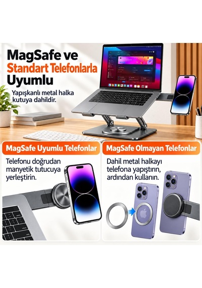 2'si 1 Arada Laptop Standı, Karbon Çelik 360 Döner Yükseklik Ayarlı, Gizlenebilir Magsafe Uyumlu Telefon Tutuculu Notebook Standı, Macbook Uyumlu, 17.3 İnçe Kadar Gri