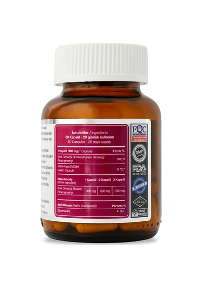 Korean Kore Ginseng Kök Ekstresi 60 Kapsül X 480 Mg Kırmızı, Panax Sepe