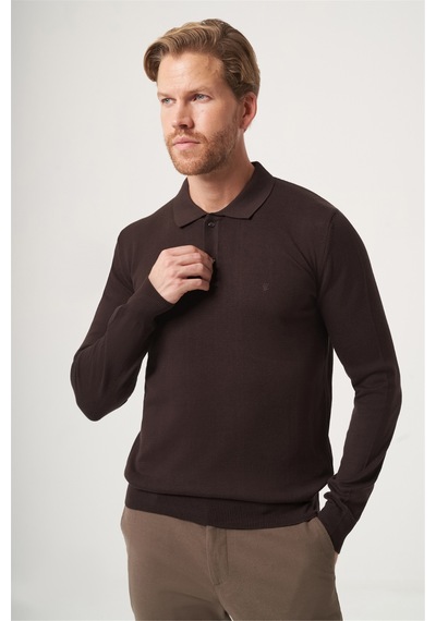 İmza Kahverengi Polo Yaka Uzun Kol Örme Comfort Fit Pamuklu Kazak 1012265150