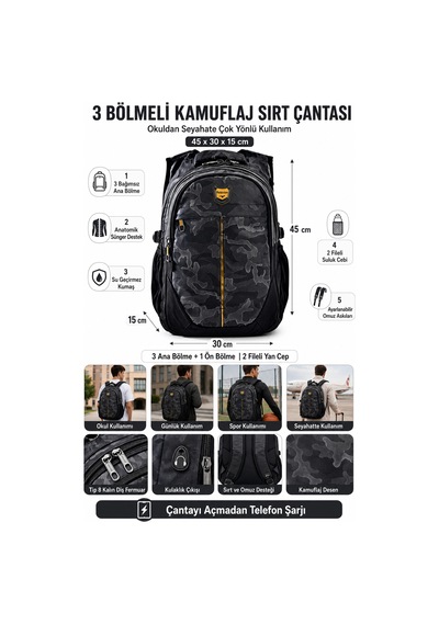 Gri Siyah Kamuflaj Sırt Çantası 3 Bölmeli Su Geçirmez Okul Günlük Seyahat Yarasa 45x30x15 Cm Çok Renkli