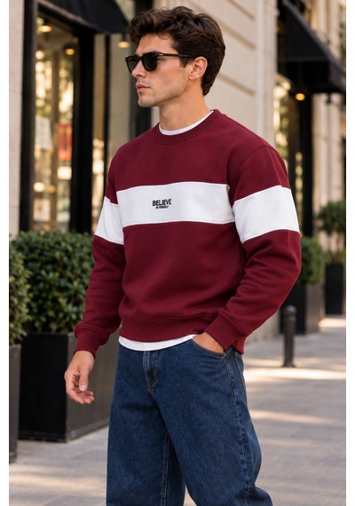 Tarz Cool Erkek Şerit Detaylı Believe Baskılı 3 İplik Şardonlu Bisiklet Yaka Sweatshirt Bordo