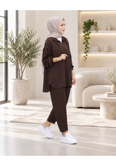 Unika Boutique Kadın Yarım Fermuar Detay İkili Salaş Takım Kahverengi