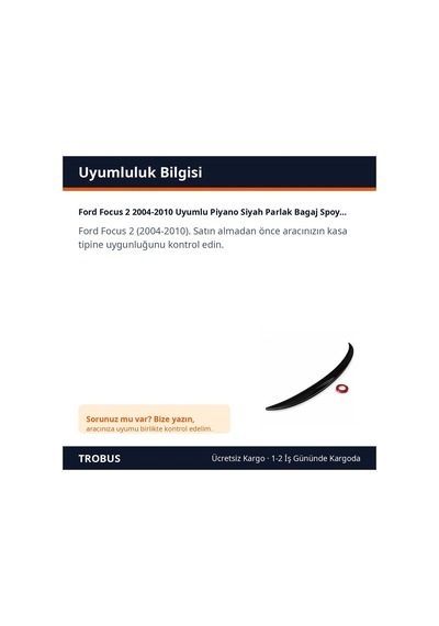 Trobus Ford Focus 2 2004-2010 Uyumlu Piyano Siyah Parlak Bagaj Spoyleri