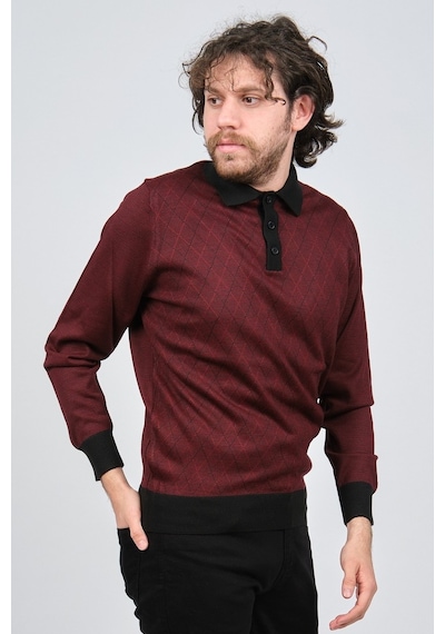Pave Erkek Polo Yaka Desenli Yün Kazak 4537094 Bordo Bordo
