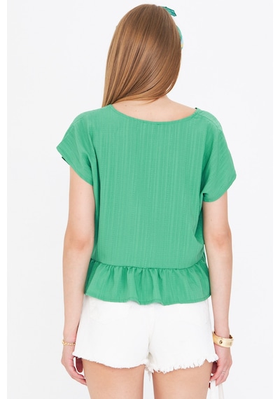 Armonika Kadın Çimen Yeşil Yarasa Kol Yakası Bağlamalı Eteği Fırfırlı Oversize Crop Bluz Arm-24y001088 Çimen Yeşili