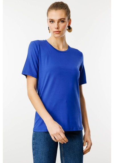 Kadın Sıfır Yaka Basic Penye T-shirt Saks Saks