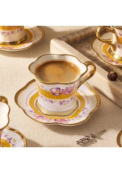 Aryıldız Lal 12 Parça 6 Kişilik Kahve Fincan Takımı Sarı 90 Ml Çok Renkli