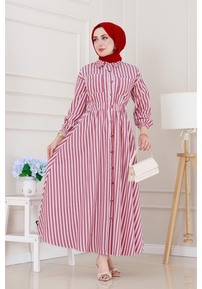 Sevitli Çizgili Cepli Tesettür Elbise-bordo-5133 Bordo
