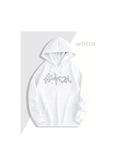 Nevermind Heartbeat Baskılı Hoodie Sweatshirt Kapüşonlu Unisex Çift Kombi Beyaz