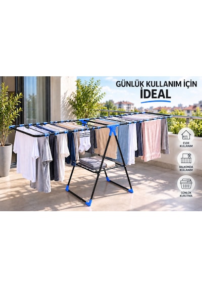 Arvıona 190 Cm Kanatlı Çamaşır Kurutmalığı Mandal Sepetli Metal Mavi - Siyah