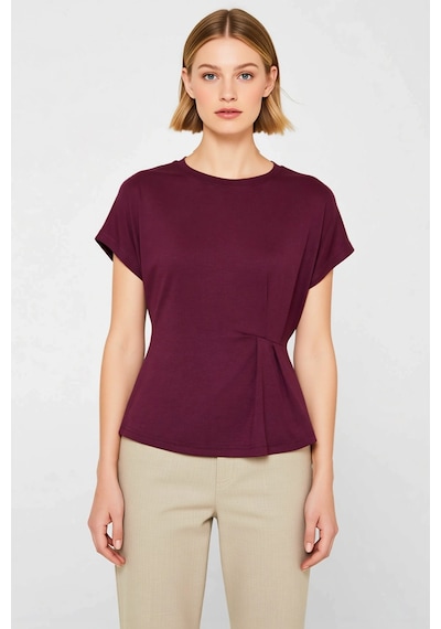 Benerly Kadın T Shirt Kayık Yaka Kısa Kol Relaxed Rahat Kalıp Büzgülü Düz Mürdüm