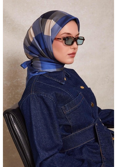 Levidor Noktalı Kareli Bask. Twill İpek Eşarp-0934 Saks