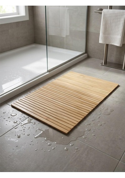 Bambu Banyo Matı, Kaymaz Ahşap Paspas, Suya Dayanıklı, 45x70 Cm, Duş İçin Doğal Ahşap