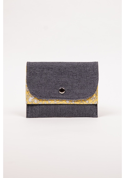 Fabric Craft Bag Kadın Cüzdan Denim Detaylı Çiçek Desenli Çıtçıtlı 15x12 Cm Gri