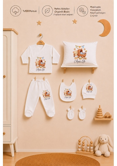 Pia Baby İsme Özel Erkek Bebek Hastane Çıkışı Zıbın Seti %100 Pamuk Organik Baskı Kişiye Özel 2018zyb0x Ekru