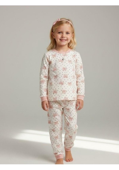Kız Çocuk Pamuklu Fiyonk Baskılı Pijama Takımı-16833 Pudra