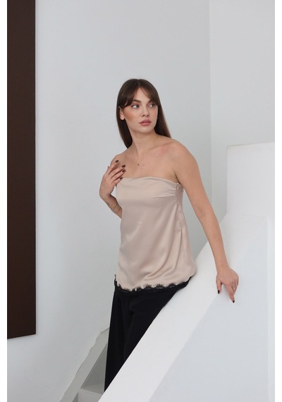 Verymoda Dantelli Straplez Saten Bluz - D2941 Taş