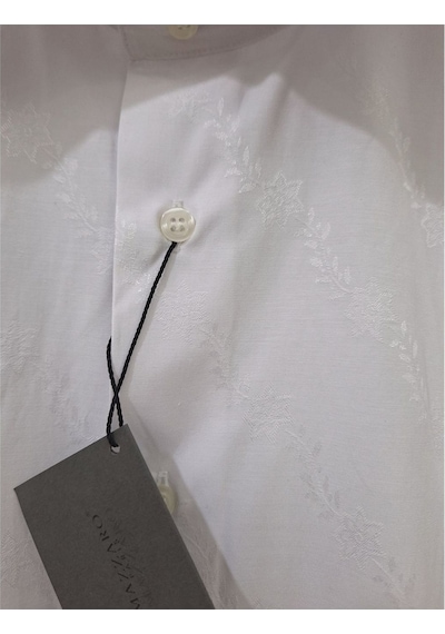 M Slim Fit Sert Yakalı Çiçek Desenli Beyaz Klasik Kısa Kollu Erkek Gömlek