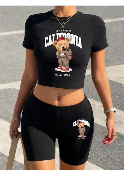 Tarzsokak Yaz Ayı Abd Kaliforniya Baskılı Babby Tees Şort Kadın İki Parçalı Set T-shirt Pantolon İnce O- Siyah