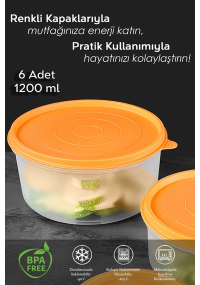 Meleni Home Organizer Düzenleyici Erzak Kabı Yuvarlak Gıda Saklama Kabı Seti Çok Renkli 6 x 1200 ML Çok Renkli