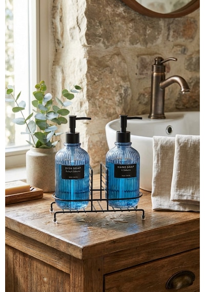 Buççin Online Mağaza Modern Çizgili Yuvarlak Cam Ikili Sıvı Sabunluk & Deterjanlık Seti, Mavi - 500 Ml Cam Sabunluk Cam M Çok Renkli