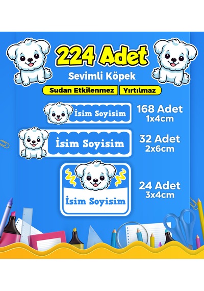 Sevimli Köpek Temalı Okul Kreş Kişiye Özel İsim Etiket Seti - Model 382 Çok Renkli