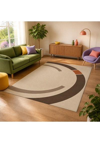 Kartela Halı Yörünge Daire Desenli Modern Halı Bej Kaymaz Taban Makinede Yıkanabilir 120x180 Cm
