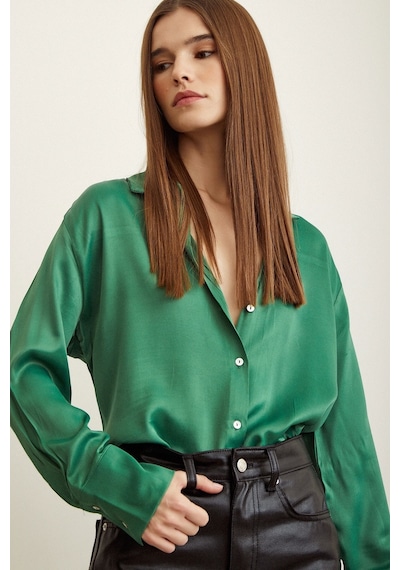 Never More Saten Gömlek Benetton Yeşili Yeşil