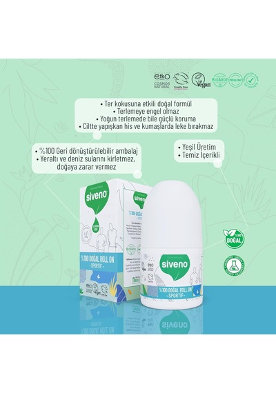 %100 Doğal Roll-on Sportif Sporcu Deodorant Ter Kokusu Önleyici Bitkisel Lekesiz Vegan 50 Ml